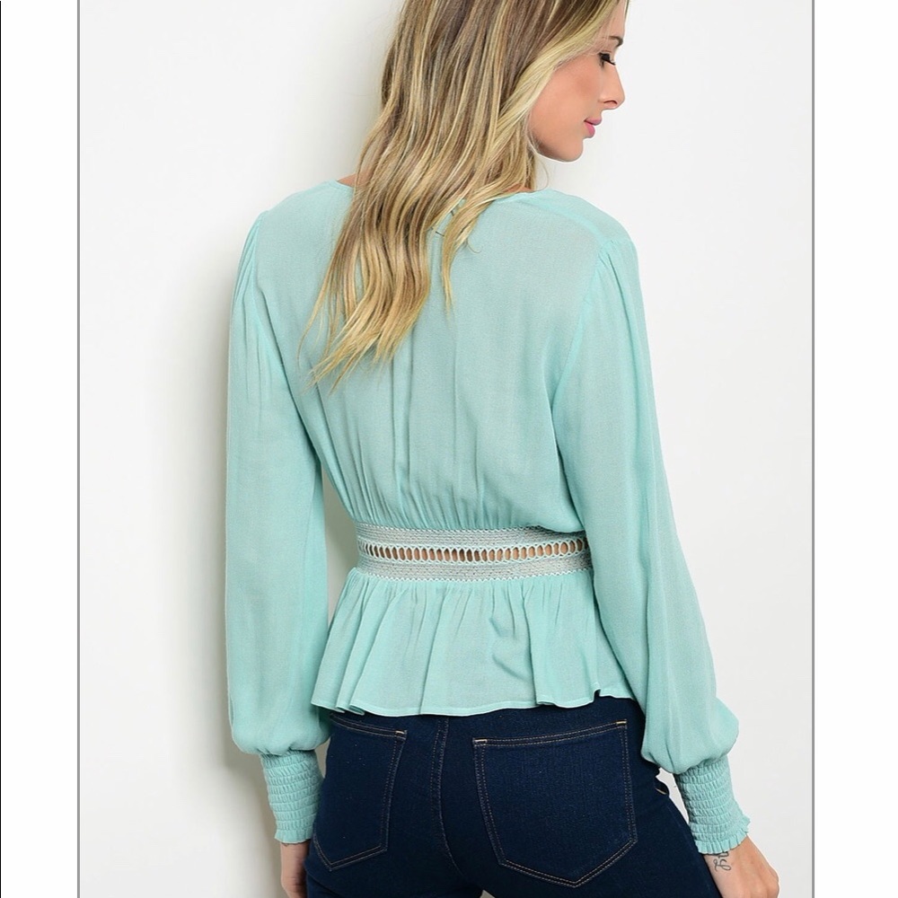 Boho Plunge Neckline Turquoise Top - Picture 3 of 8